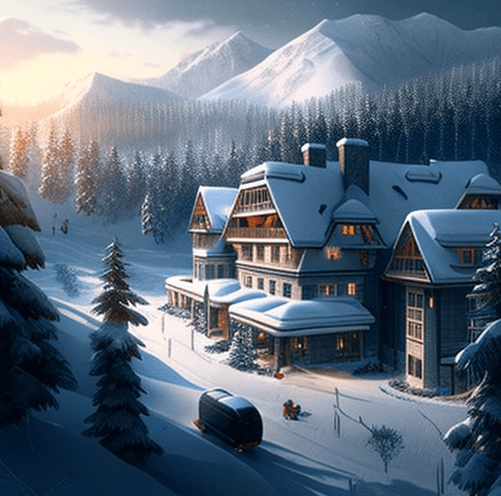 Imagen idílica de una estación de esquí. Es una imagen estilo postal, dibujo hiperrealista.